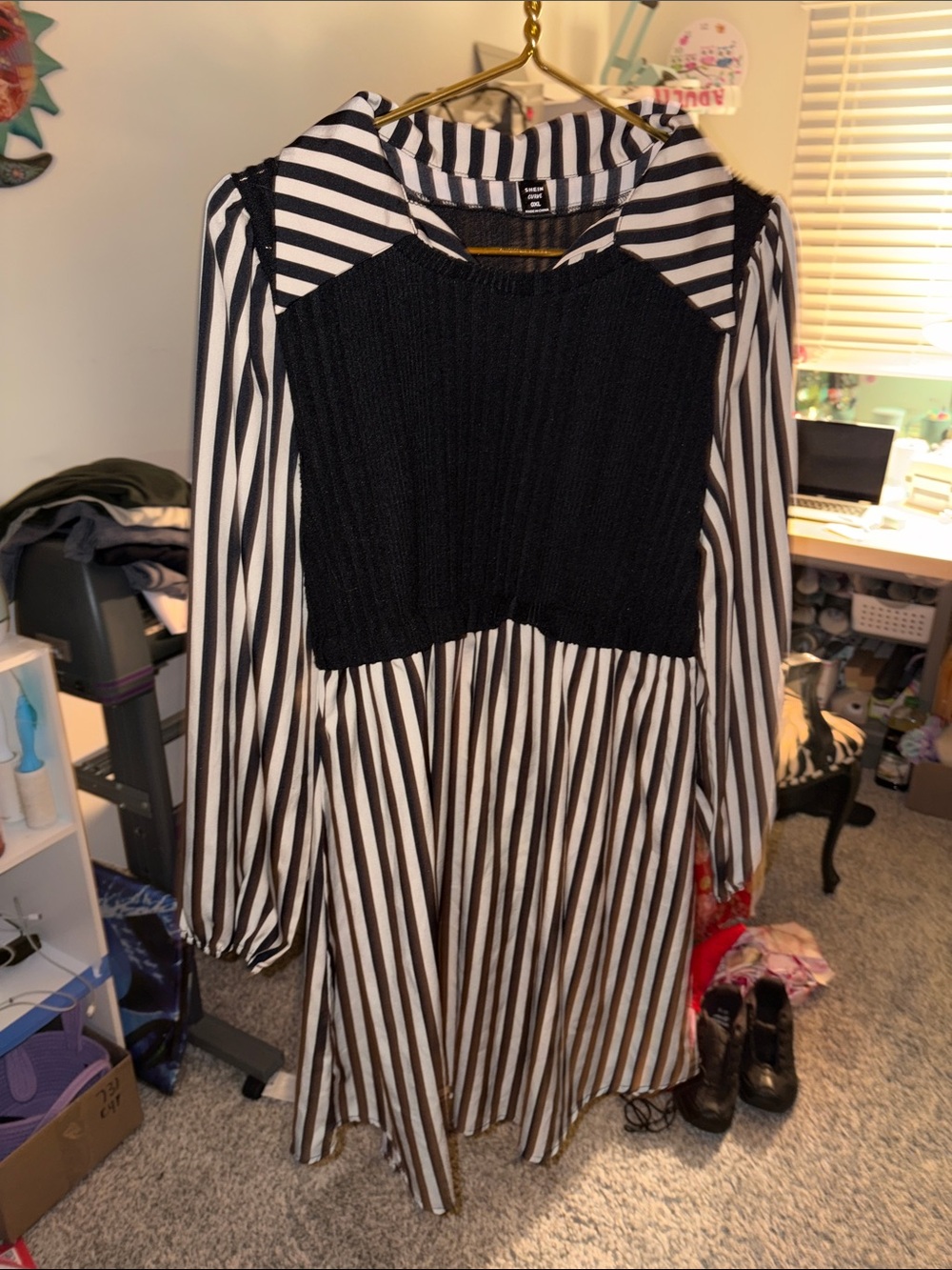 SHEIN Black and White Striped Shirt Dress with Knit Overlay